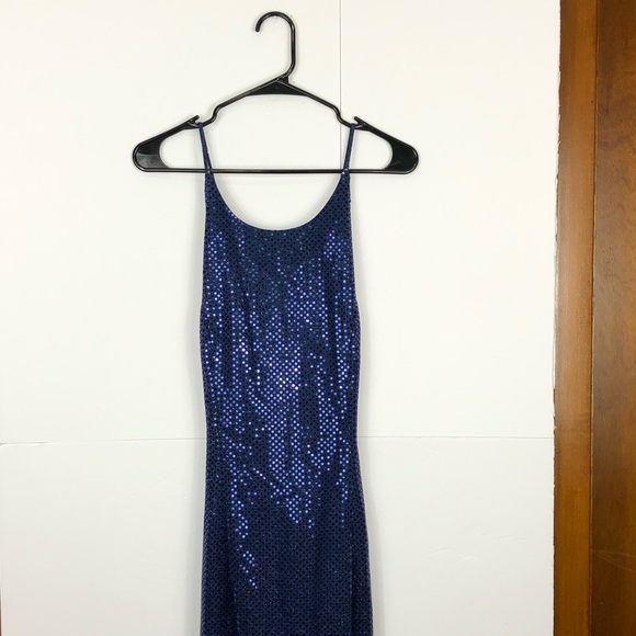 Vintage Blue Sequin Maxi Dress Sz 3 - Picture 1 of 11